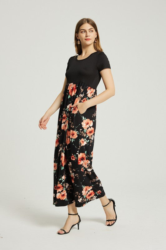 Womens Summer Casual Floral Maxi Dress With Pocket