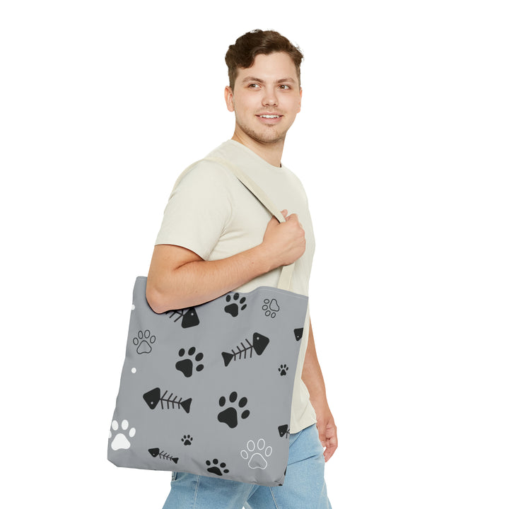 Paws and Fish Gray Pattern Tote Bag (AOP)