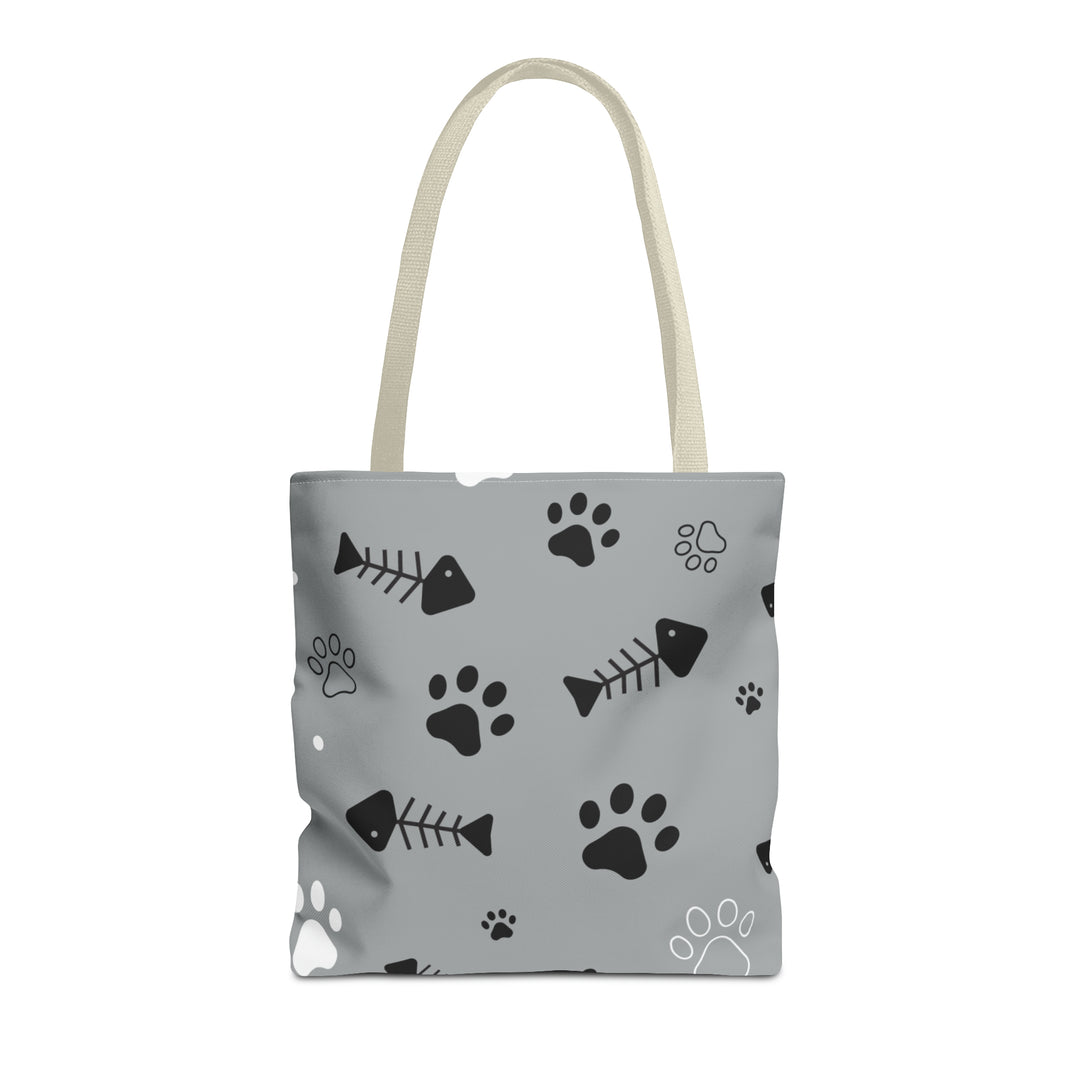 Paws and Fish Gray Pattern Tote Bag (AOP)