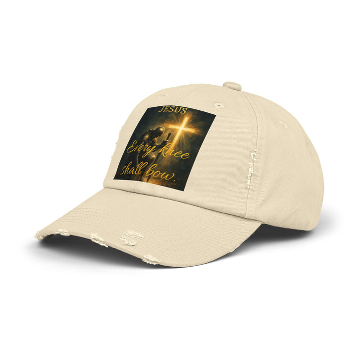 Jesus Cross Distressed Cap — "Every Knee Shall Bow" Christian Hat