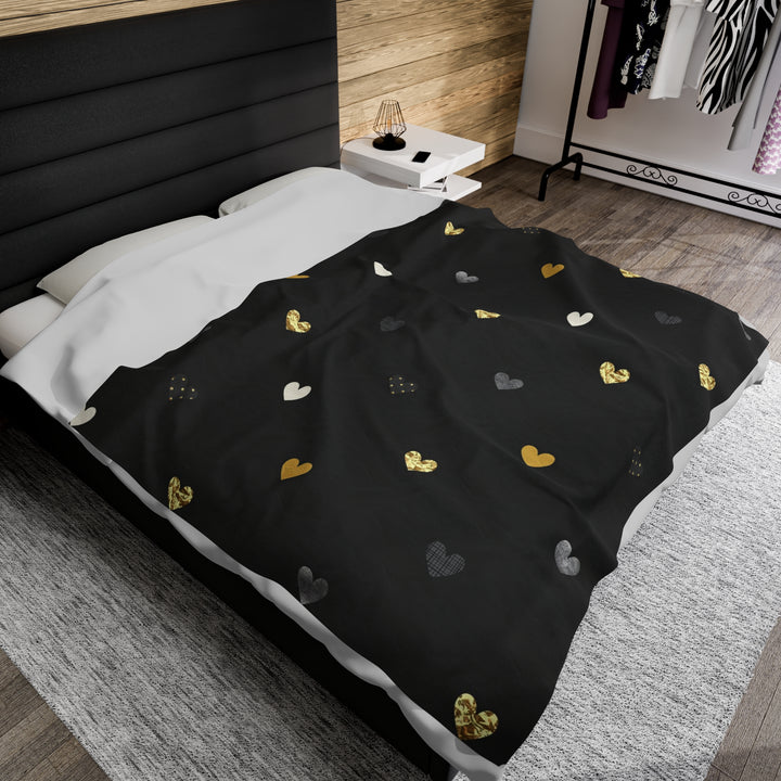 Golden Texture Hearts on Black Velveteen Plush Blanket