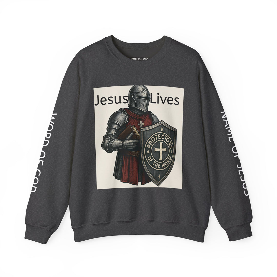 Knight Shield Crewneck Sweatshirt — "Protectors of the Word Jesus Lives"
