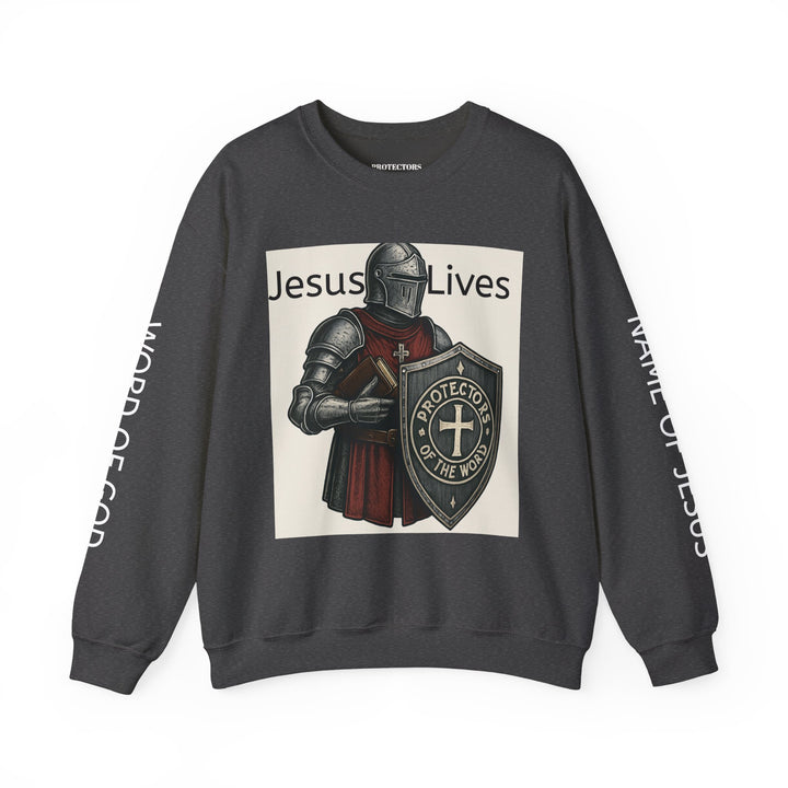 Knight Shield Crewneck Sweatshirt — "Protectors of the Word Jesus Lives"