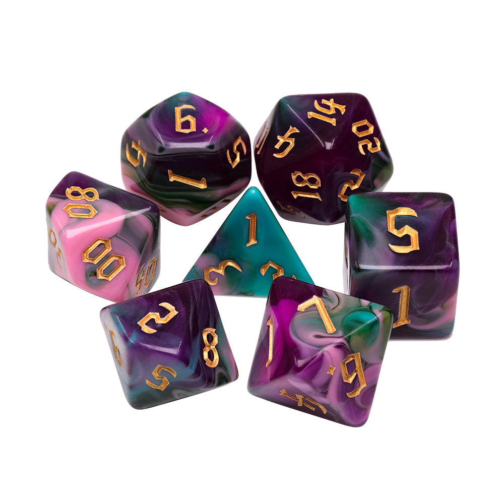 Night Elves 7-Dice Set Pink/Green/Purple w/Gold Numbers Dnd Dice Set