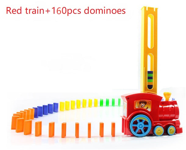 Red train with dominoes on a white background.