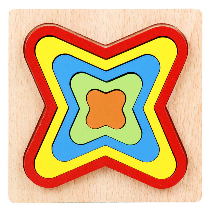 Colorful wooden puzzle with a star-shaped design on a light wood background.