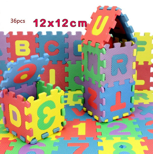 Colorful alphabet and number foam puzzle mats with a box on a white background.