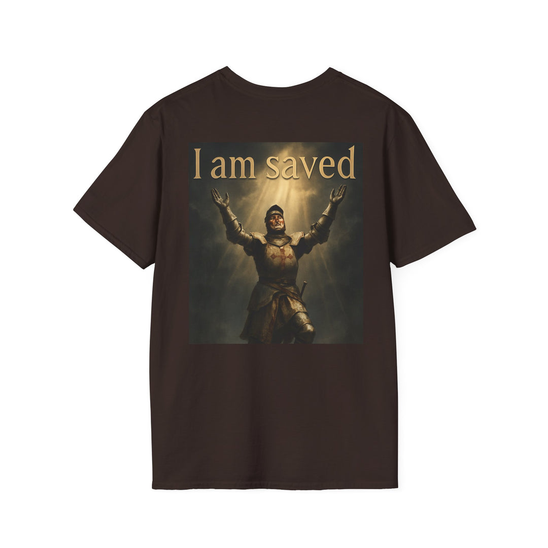 Christian Knight T-Shirt — "Through Christ Jesus" Front and "I Am Saved" Back