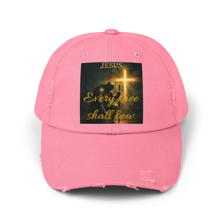 Jesus Cross Distressed Cap — "Every Knee Shall Bow" Christian Hat