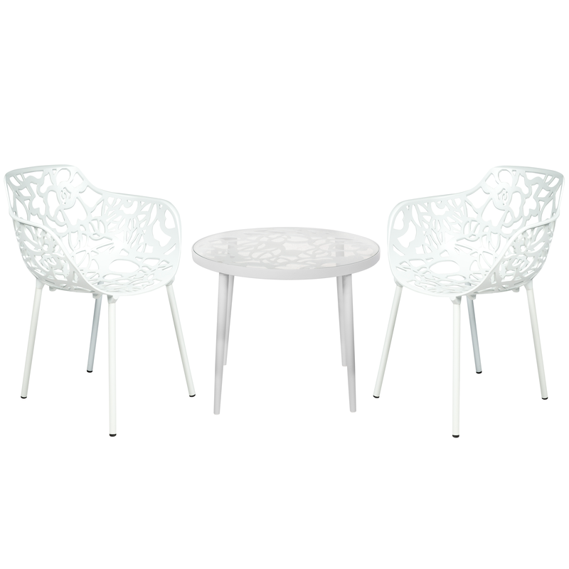 LeisureMod Devon Mid-Century Modern 3-Piece Aluminum Outdoor Patio Dining Set with Tempered Glass Top Table and 2 Stackable Flower Design Armchairs White