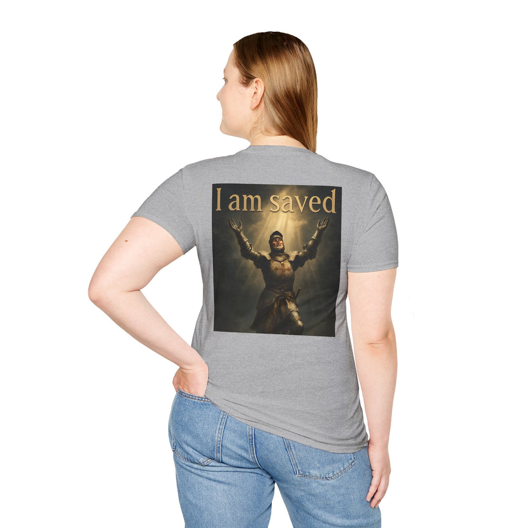 Christian Knight T-Shirt — "Through Christ Jesus" Front and "I Am Saved" Back