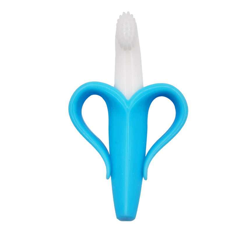 Blue banana-shaped toothbrush on a white background.