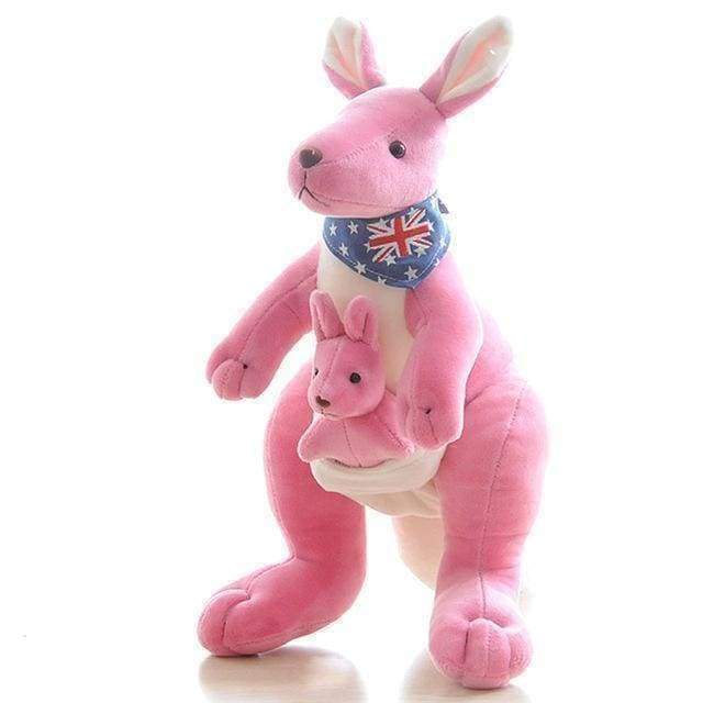 Pink plush kangaroo with a baby kangaroo on a white background.