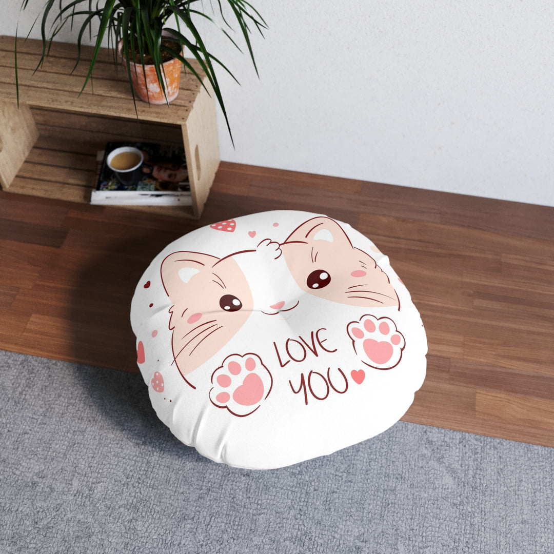Love You Cat Tufted Floor Pillow, Round