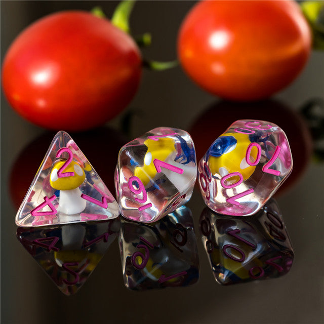 Yellow Mushroom Dice Clear Blue Flower w/Pink Numbers 7-Dice Set Rpg