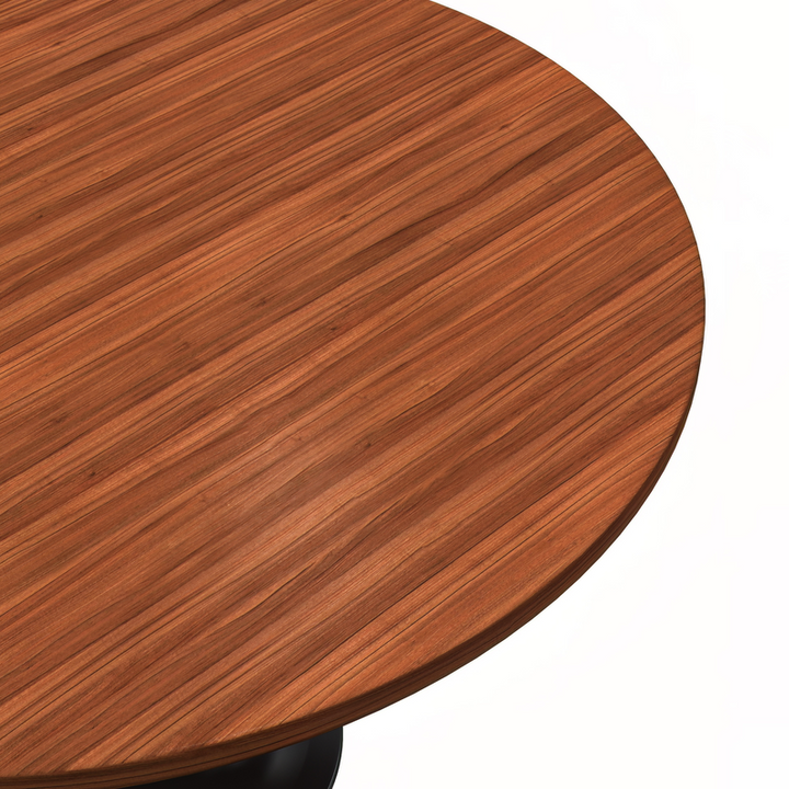LeisureMod Verve Collection 48 Round Dining Table, Black Base with Cognac Brown MDF Top Closeup.