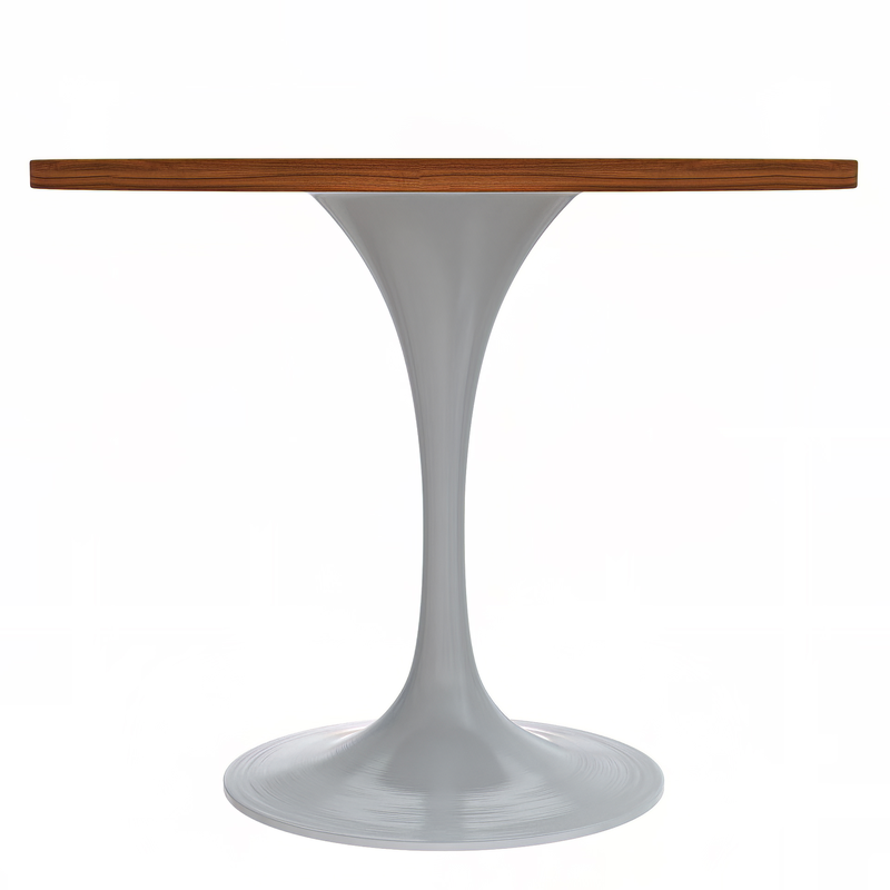 LeisureMod Verve Collection 36 Round Dining Table, White Base with Cognac Brown MDF Top Side View.