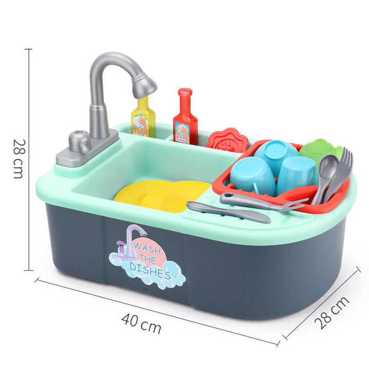 Toy kitchen sink set with utensils and dimensions on a white background.