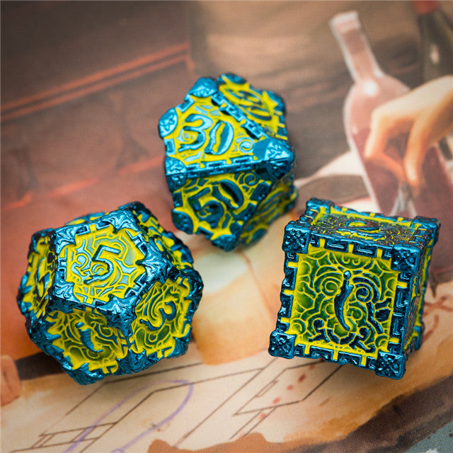 Blue and Yellow Metal Dice（Dagger of Venom）7-Dice Udixi RPG