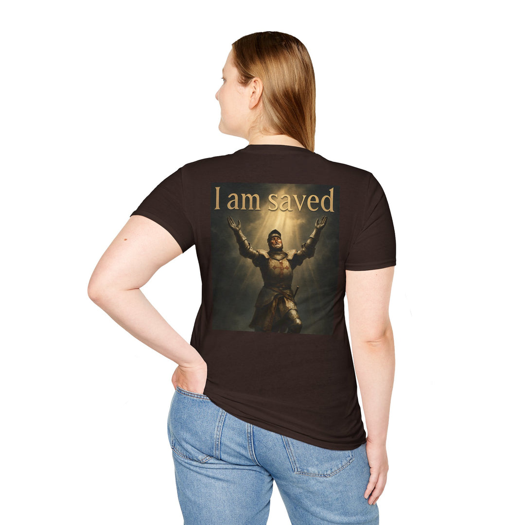 Christian Knight T-Shirt — "Through Christ Jesus" Front and "I Am Saved" Back