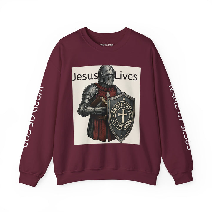 Knight Shield Crewneck Sweatshirt — "Protectors of the Word Jesus Lives"