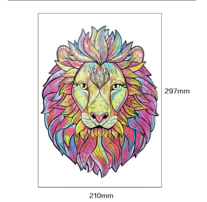 Colorful lion head design with dimensions on a white background.