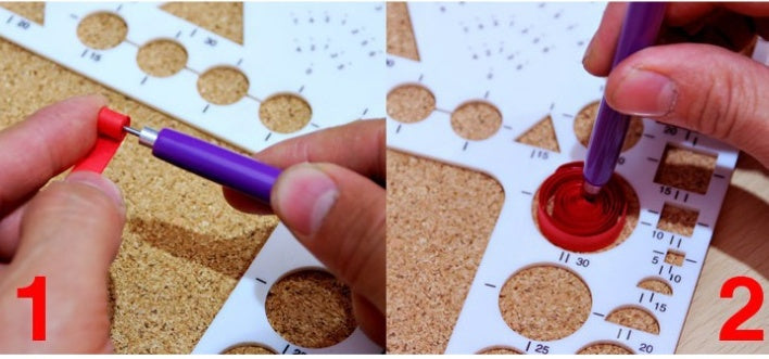 Step-by-step process of using a small tool to mark or measure on a cork surface with circular patterns.