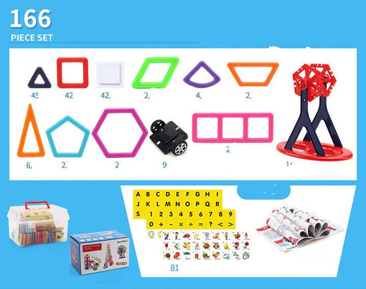 Educational toy set with geometric shapes, letters, and numbers on a blue background.