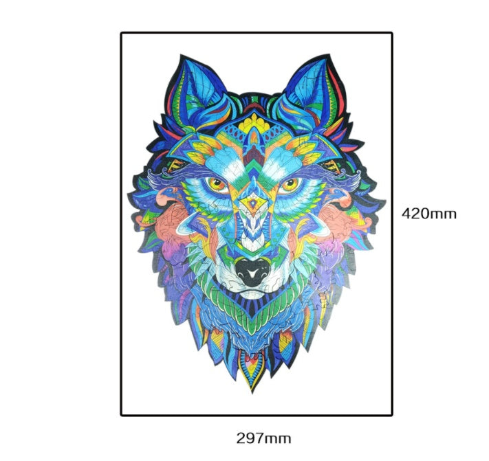 Colorful wolf head design with measurements on a white background.
