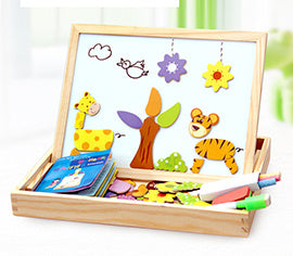 Children's educational toy with magnetic letters and illustrations on a wooden board.