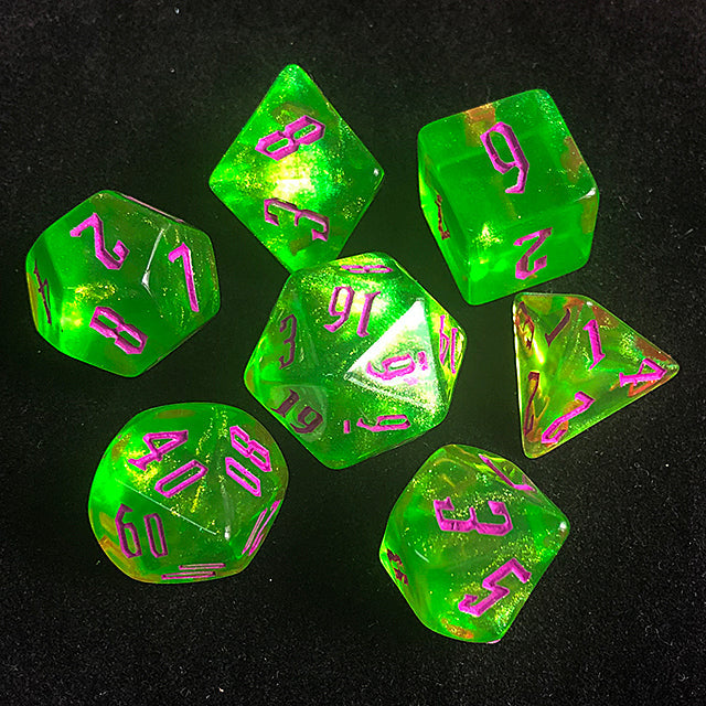 'Glitter Party' Green Glitter Dice (Purple font)