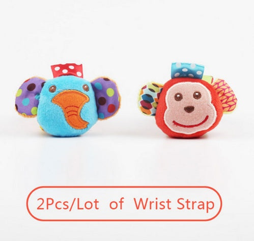Two colorful animal-shaped wrist straps on a white background with text indicating quantity.