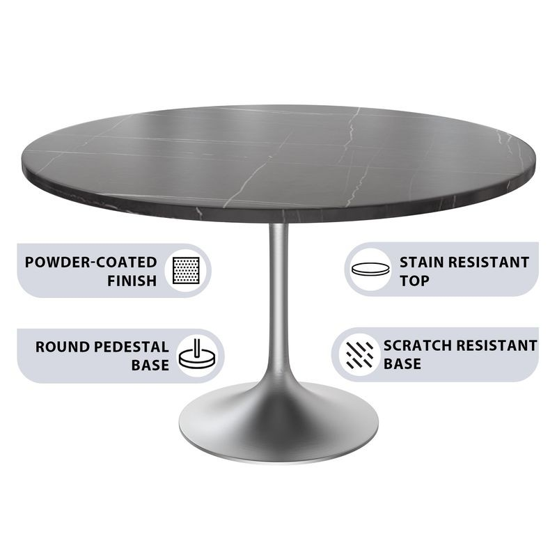 LeisureMod Verve Collection 48 Round Dining Table, Brushed Chrome Base with Sintered Stone Black Top Details.