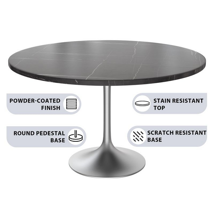 LeisureMod Verve Collection 48 Round Dining Table, Brushed Chrome Base with Sintered Stone Black Top Details.