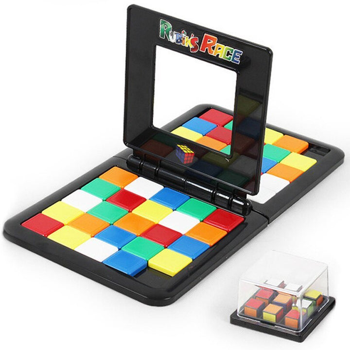 Rubik's Race game with colorful square tiles and a transparent box containing additional tiles on a white background.