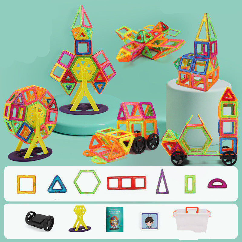 Colorful magnetic building toys on a light blue background with shapes and packaging displayed below.
