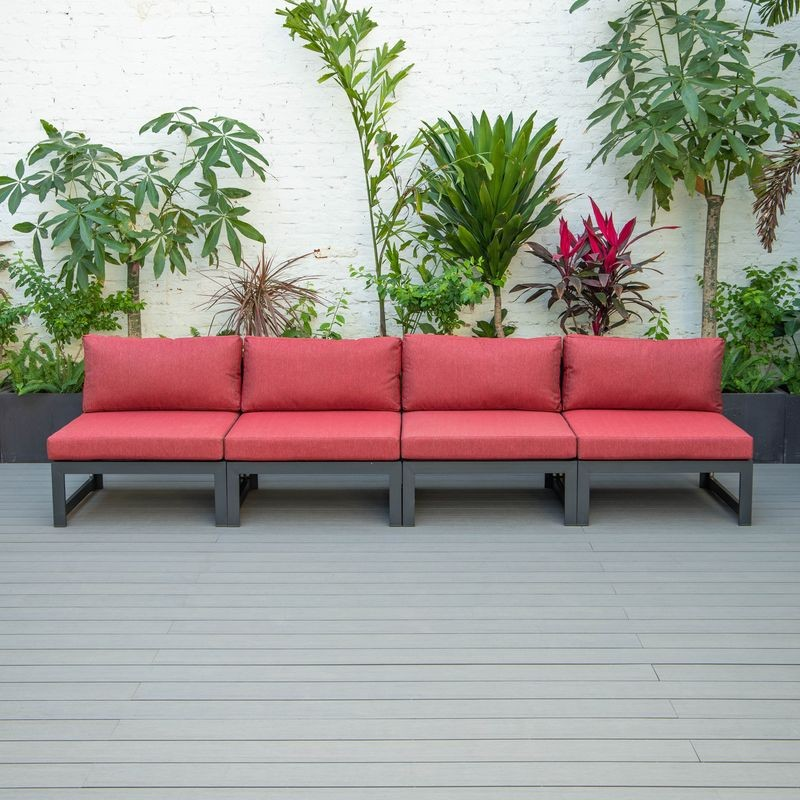 LeisureMod Chelsea 4-Piece Middle Patio Chairs Black Aluminum with Cushions Red in a Row.