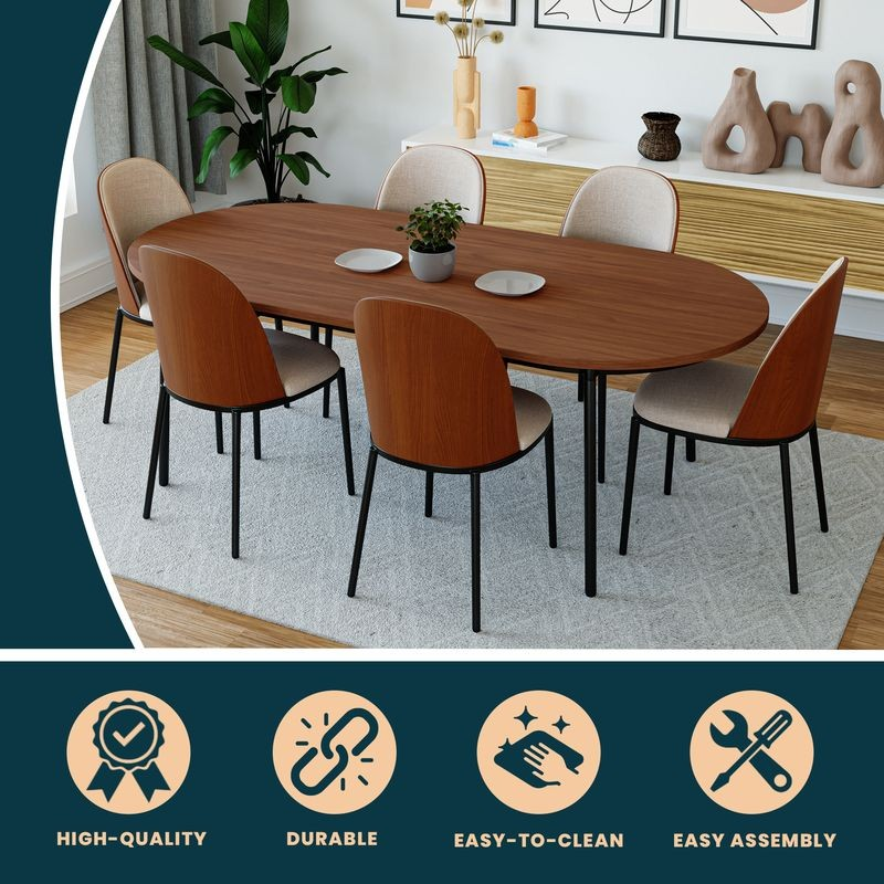 LeisureMod Tule Modern 71" Oval Dining Table with MDF Top and Black Steel Legs in Walnut Details.