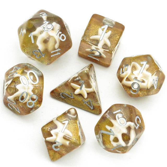 White Starfish Dice on Gold 7-Dice Set Resin Dungeons and Dragons Dice