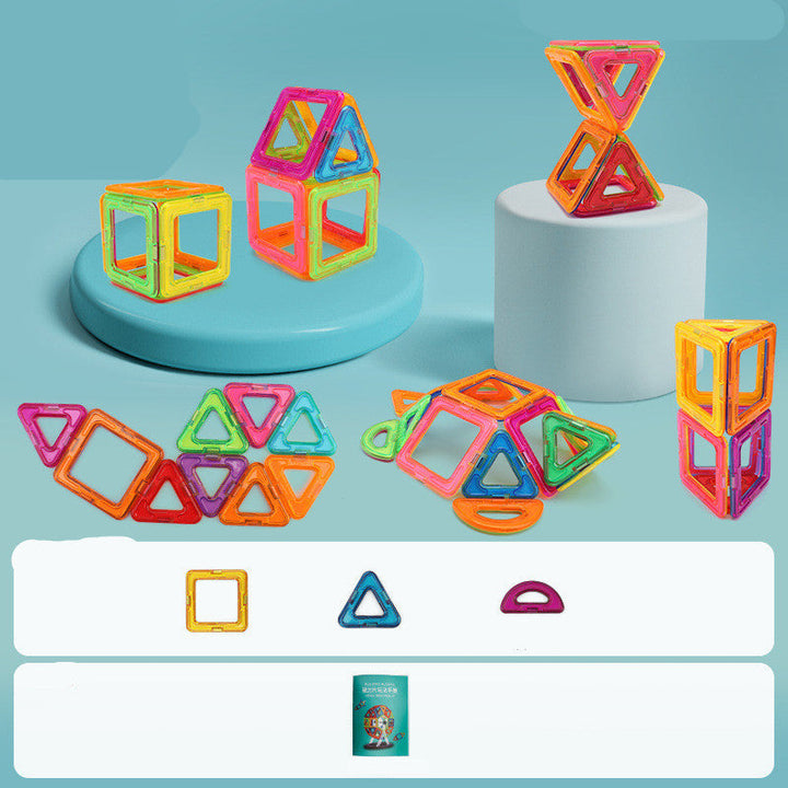Colorful magnetic building blocks on a blue background with shapes displayed below.