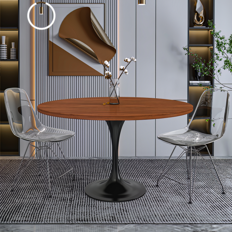 LeisureMod Verve Collection 48 Round Dining Table, Black Base with Cognac Brown MDF Top with Chairs