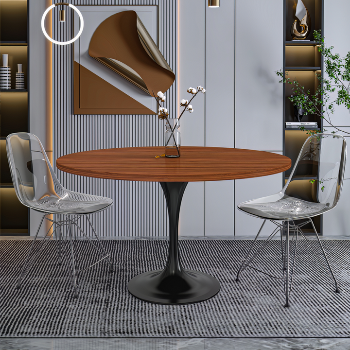 LeisureMod Verve Collection 48 Round Dining Table, Black Base with Cognac Brown MDF Top with Chairs