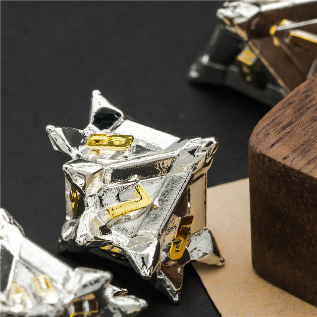 White w/Gold Pinwheel Strengthened Metal 7-Dice Set | Metal DND Dice