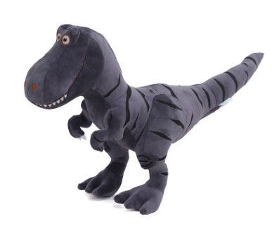 Plush toy dinosaur with a dark gray color on a white background.