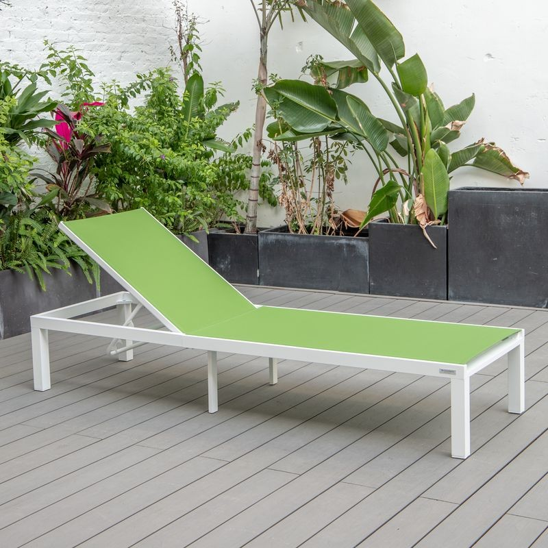 LeisureMod Marlin Patio Chaise Lounge Chair with White Aluminum Frame Green on Deck.