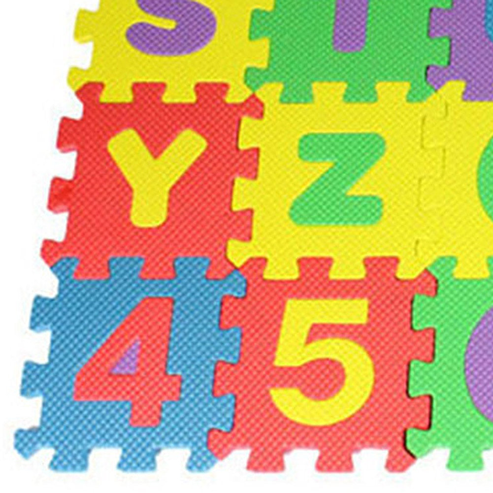 Colorful foam puzzle mats with letters and numbers on a white background.