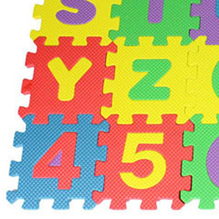 Colorful foam puzzle mats with letters and numbers on a white background.