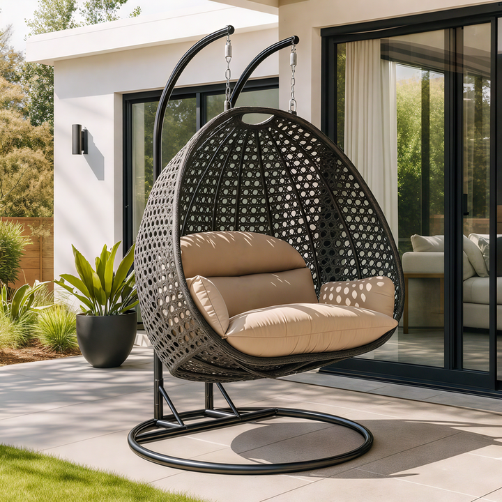 LeisureMod Charcoal Wicker Hanging 2 person Egg Swing Chair Beige