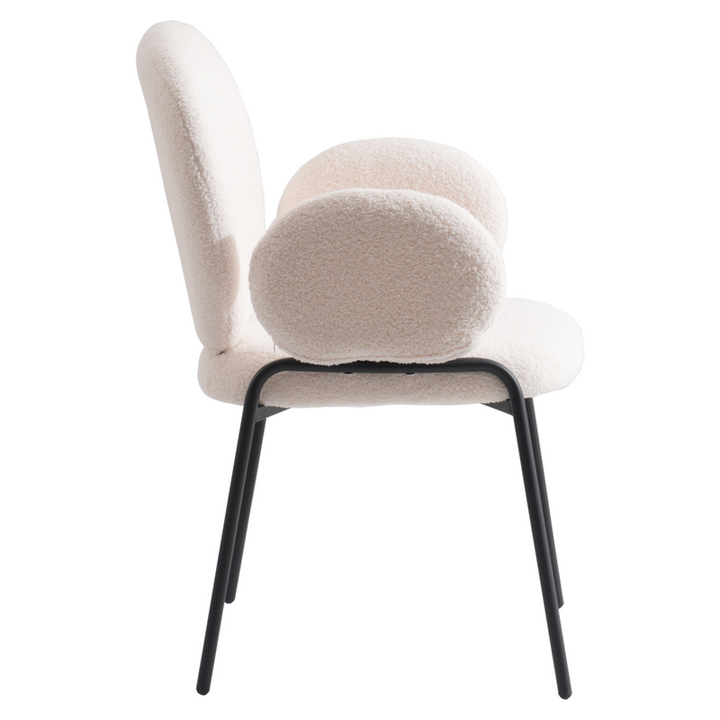 Leisuremod Celestial Series Boucle Dining Armchair with Black Frame and White Fabric Side View.
