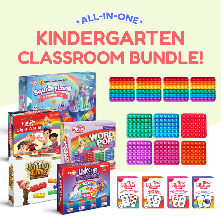 All-in-one kindergarten classroom bundle with educational games and pop-it toys on a light beige background.
